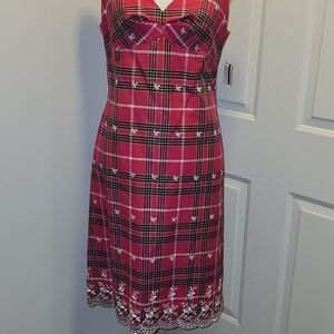 NWT ABS Allen Schwartz embroidery Midi Dress 10 Plaid Vintage Preppy Sleeveless